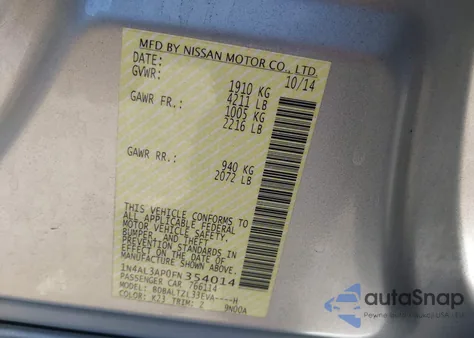 2015 Nissan Altima 2.5 Sl из США, поврежденный, VIN 1N4AL3AP0FN354014